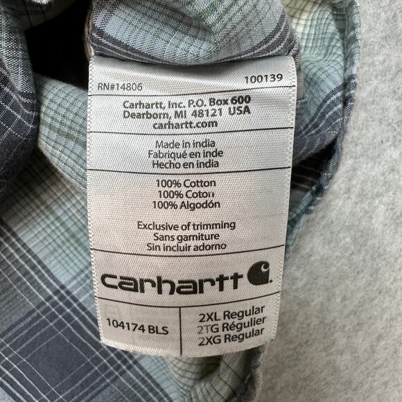 Carhartt Shirt Mens 2XL Relaxed Fit Button Up Blue Cream Plaid Casual Workwear - Picture 5 of 7